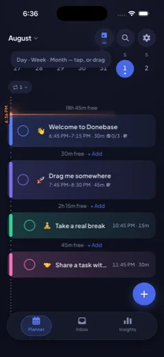 Donebase on iPhone: a dark day with coloured task cards, free-time seams with Add buttons, and a warm now line across the timeline.