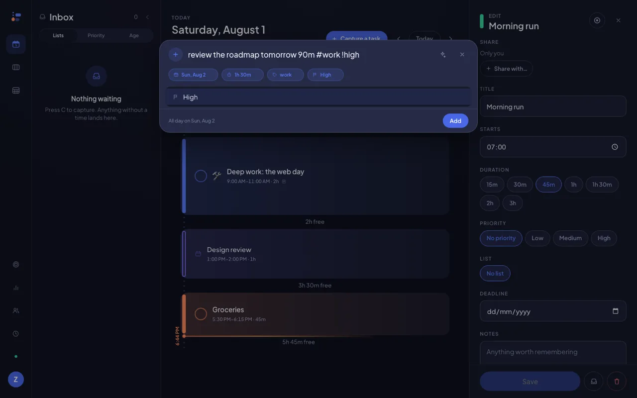 The Donebase capture bar with the sentence “review the roadmap tomorrow 90m #work !high” typed in, and four chips underneath it reading Sun Aug 2, 1h 30m, work and High.