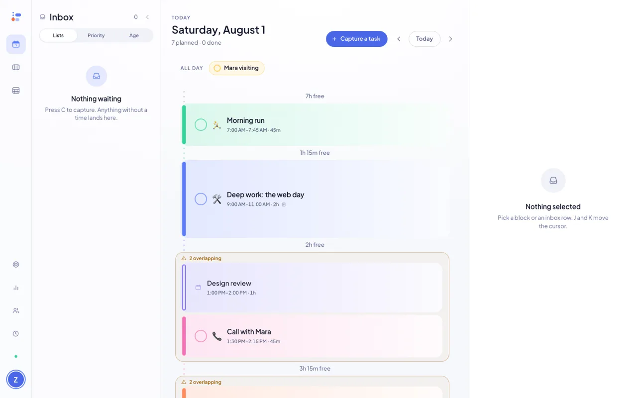 Donebase in the browser in light theme: the same day on a white background with the same coloured blocks and free-time seams.