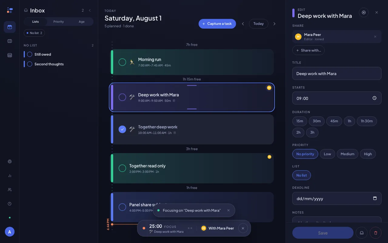 A Donebase day with a shared block called Deep work with Mara ringed in blue, Mara's avatar on the card, a share panel on the right listing her as an editor who has joined, and a focus bar at the bottom counting 25:00 with the label With Mara Peer.