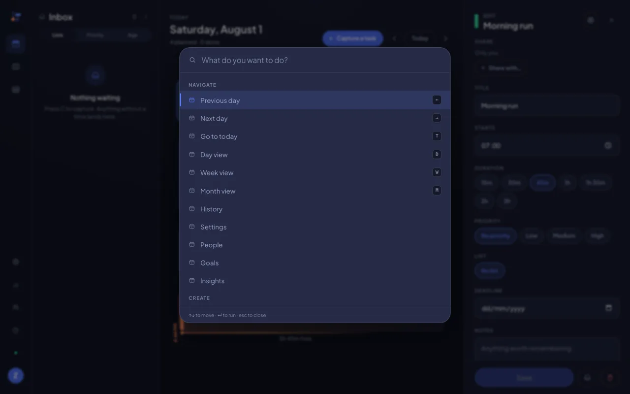 The Donebase command palette open over a dimmed day, asking “What do you want to do?” and listing Previous day, Next day, Go to today, Day view, Week view, Month view, History, Settings, People, Goals and Insights, each with its keyboard shortcut on the right.