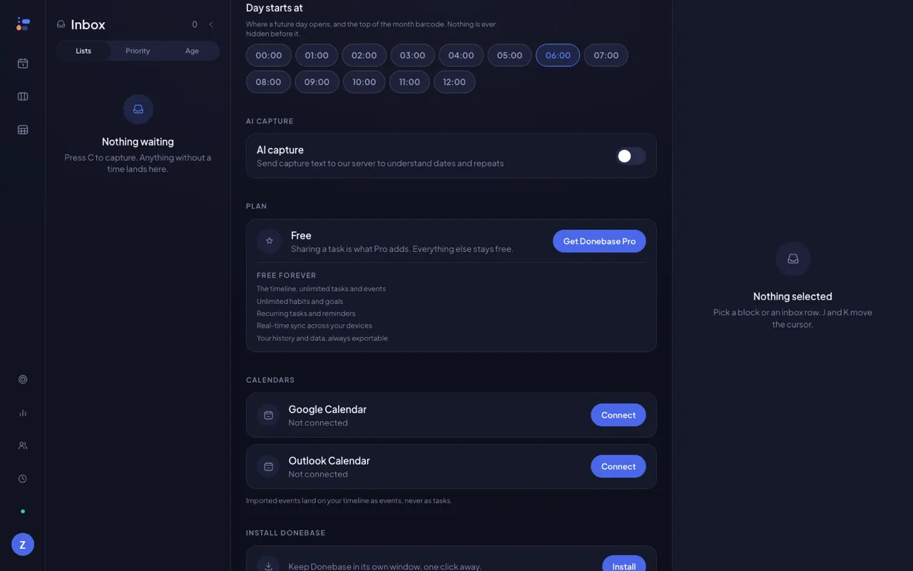Donebase settings: an AI capture switch that is off, a Plan card headed Free reading “Sharing a task is what Pro adds. Everything else stays free” with the free-forever list under it, and Google and Outlook calendars waiting to be connected.