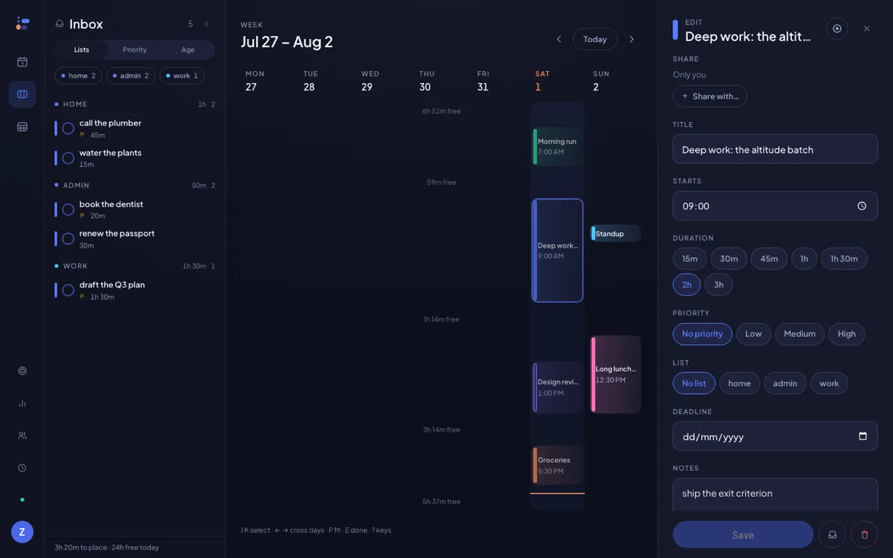 Donebase week view: seven day columns from Jul 27 to Aug 2 with blocks placed in Saturday and Sunday, free-time labels down the middle, an inbox rail of unplaced tasks on the left and an editor panel on the right.